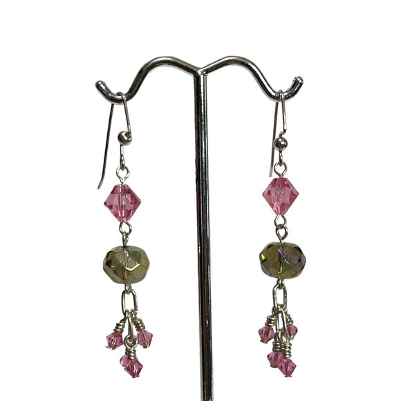 Pink and smoky crystal beaded earrings, pierced - Picture 1 of 4